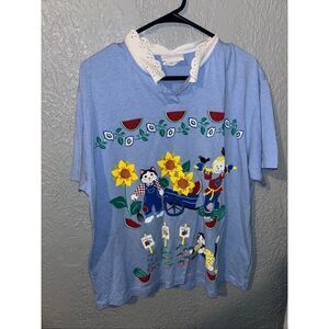 Vintage Cottagecore Garden Animal Graphic Tee Eyelet Collar Sunflower Watermelon